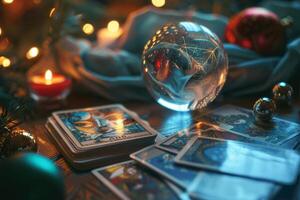 AI generated Fortune telling table with a magic crystal ball and tarot cards. Generative AI photo