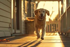 ai generado perro corriendo en un soleado frente porche. generativo ai foto