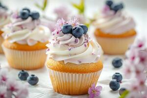 AI generated Blueberry cupcakes topped with fresh blueberries on sunny spring background. Generative AI photo