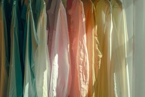 AI generated Open closet with unorganized random colorful hanging clothes. Generative AI photo