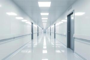 ai generado largo brillante corredor en científico laboratorio edificio. limpiar blanco pasillo. generativo ai foto