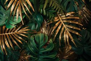 AI generated Tropical palm leaves and gold glitter background. Generative AI photo