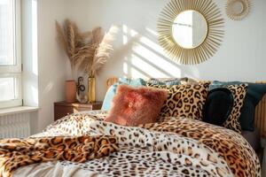 AI generated Bedroom accessories with animal print. Bed with animal patterned cushions. Generative AI photo