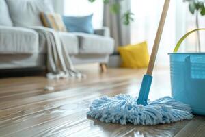 AI generated Simple mop placed on a laminate floor with bucket of water on background. Generative AI photo