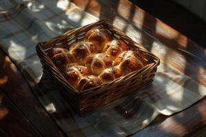 AI generated Cross buns in wicker basket on a table. Generative AI photo