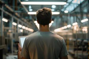 AI generated Back view of man in a modern factory with a tablet in his hands. Worker in industrial environment. Generative AI photo