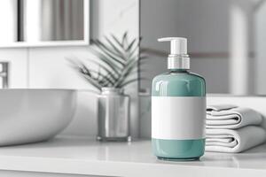 AI generated Shampoo green bottle mockup with blank label in bathroom. Minimalist style. Generative AI photo