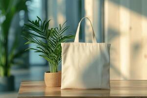 AI generated Blank canvas tote mockup on a table with a decorative plant. Generative AI photo