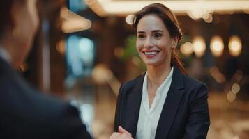 AI generated Portrait of a happy brunette businesswoman greeting customers photo