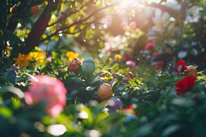 AI generated Easter Eggs Amidst Enchanting Garden Splendor Whimsical Scene with Blooming Flowers and Lush Greenery photo