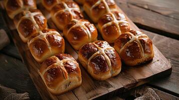 AI generated Easter Elegance Hot Cross Buns on Rustic Display photo