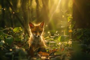 AI generated Tiny Fox Kit's First Steps Dawn's Golden Light in the Forest Clearing photo