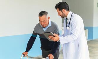 Doctor and patient in medical discussion on digital tablet photo