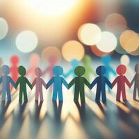 AI generated Colorful paper people hand in hand, Unity in Diversity Concept, Bokeh Background photo