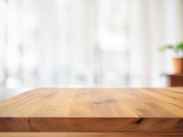 AI generated Empty wooden board table top on blur bokeh vintage living room interior background photo