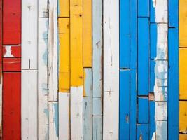 AI generated Retro background with wooden planks of different colors, white, red, yellow and blue color. photo