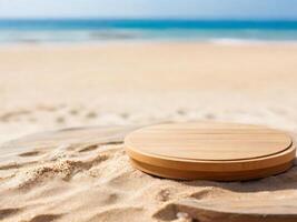 AI generated Empty round wooden podium resting on the beach with a blurred background of beach on summer photo