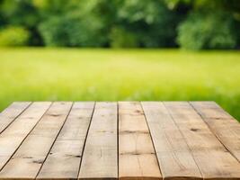 AI generated Empty rustic wooden table top on blurry green sunny garden background photo