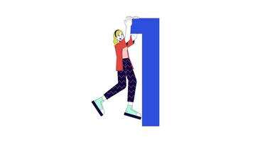 Female programmer hanging on digit one line 2D character animation. Binary code in software development flat color cartoon 4K video, alpha channel. Coder animated person on white background video