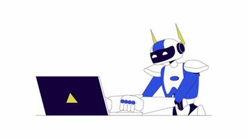 Cyborg working on laptop line 2D character animation. Robot developing software flat color cartoon 4K video, alpha channel. Artificial intelligence animated personage on white background video