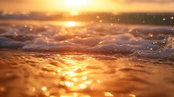 AI generated Surf and sea foam at sunset close-up. Generative AI photo