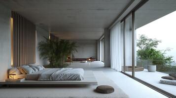 AI generated Minimalistic interior of concrete loft with panoramic window. Generative AI photo