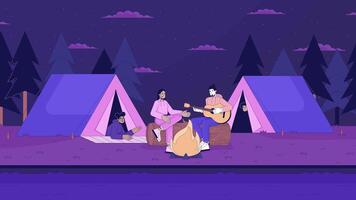Playing guitar friends camping tents line cartoon animation. Bonfire night people multicultural 4K video motion graphic. Lo fi vibes 2D linear animated characters on landscape background