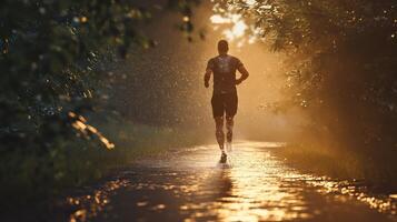 ai generado joven hombre es corriendo en la carretera en el bosque. generativo ai foto