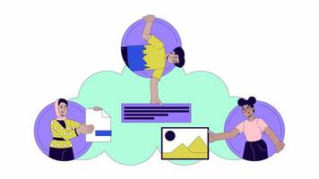 Software developers team in cloud line 2D characters animation. Multiracial programmer team flat color cartoon 4K video, alpha channel. Engineers communicating animated people on white background video