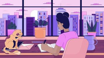 lofi studia ragazza con gatto linea cartone animato animazione. nero femmina fare compiti a casa 4k video movimento grafico. taccuino scrittura scrivania. lo fi vibrazioni 2d lineare animato personaggi su paesaggio urbano sfondo