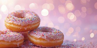 AI generated Delicious Donuts with Sprinkles on a Pink Background, Celebrating National Donut Day with a Bokeh Effect. photo