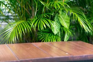 Empty show for packaging product presentation. Wooden tables and spaces are set up with tropical foliage. photo