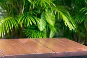 Empty show for packaging product presentation. Wooden tables and spaces are set up with tropical foliage. photo