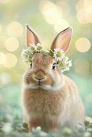 ai generado alegre marrón Conejo con prado flor corona en bokeh antecedentes. un caprichoso retrato de monería para Pascua de Resurrección conejito festival. foto