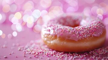 ai generado delicioso rosquillas con asperja en un rosado fondo, celebrando nacional rosquilla día con un bokeh efecto. foto