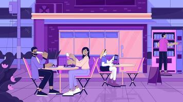 Sidewalk restaurant at evening line cartoon animation. Dining couple, alone girl dinner 4K video motion graphic. Downtown cafe. Lo fi vibes 2D linear animated characters on cityscape background
