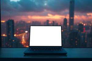 AI generated An open laptop on a desk presents a blank screen, backlit by the captivating lights of a city skyline at dusk, embodying the intersection of technology and urban life. photo
