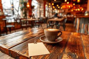 ai generado taza de latté con Arte y blanco Nota en café foto