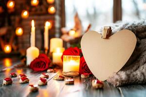 corazón tarjeta con velas y Rosa en mesa. foto