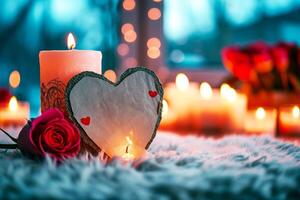 ai generado corazón tarjeta con velas y Rosa en mesa. foto