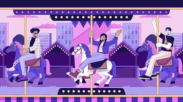 Friends on carousel amusement park line cartoon animation. Roundabout fun diverse adults 4K video motion graphic. Fair merry-go-round. Lo fi vibes 2D linear animated characters on cityscape background