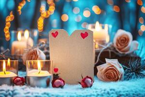 Heart Card with Candles and Rose on Table. photo