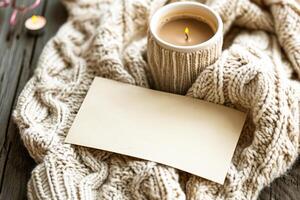 Cozy Winter Concept with Blank Note and Knitwear. photo