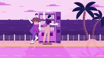 Beverage vending machine friends line cartoon animation. Twilight waterfront people asian young couple 4K video motion graphic. Lo fi vibes 2D linear animated characters on waterscape background