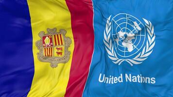 Andorra und vereinigt Nationen, un Flaggen zusammen nahtlos Schleifen Hintergrund, geloopt stoßen Textur Stoff winken schleppend Bewegung, 3d Rendern video