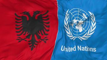 Albania and United Nations, UN Flags Together Seamless Looping Background, Looped Bump Texture Cloth Waving Slow Motion, 3D Rendering video