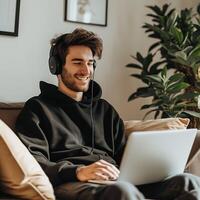 AI generated Man Sitting on Couch Wearing Headphones and Using Laptop photo