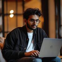 AI generated Man Using Laptop Computer on Couch photo