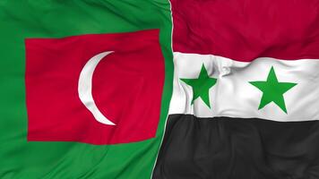 Maldivas y Siria banderas juntos sin costura bucle fondo, serpenteado paño ondulación lento movimiento, 3d representación video