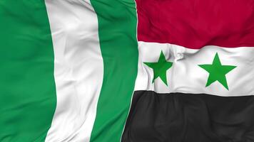 Nigeria y Siria banderas juntos sin costura bucle fondo, serpenteado paño ondulación lento movimiento, 3d representación video
